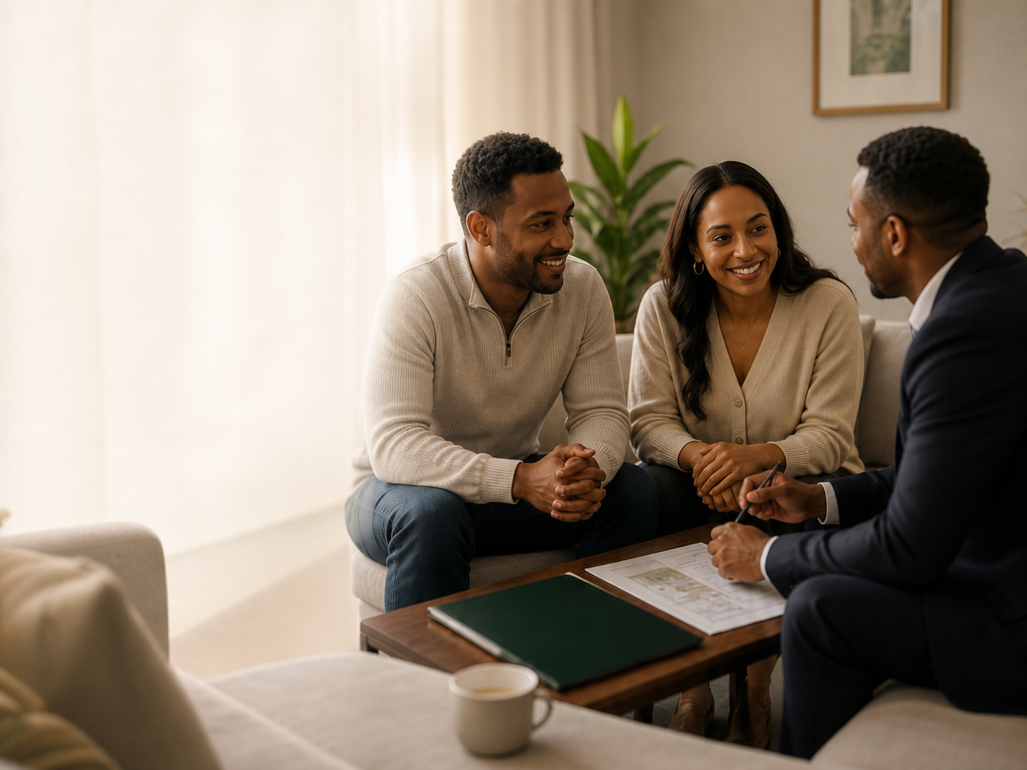 A couple discussing a property purchase with their local advisor