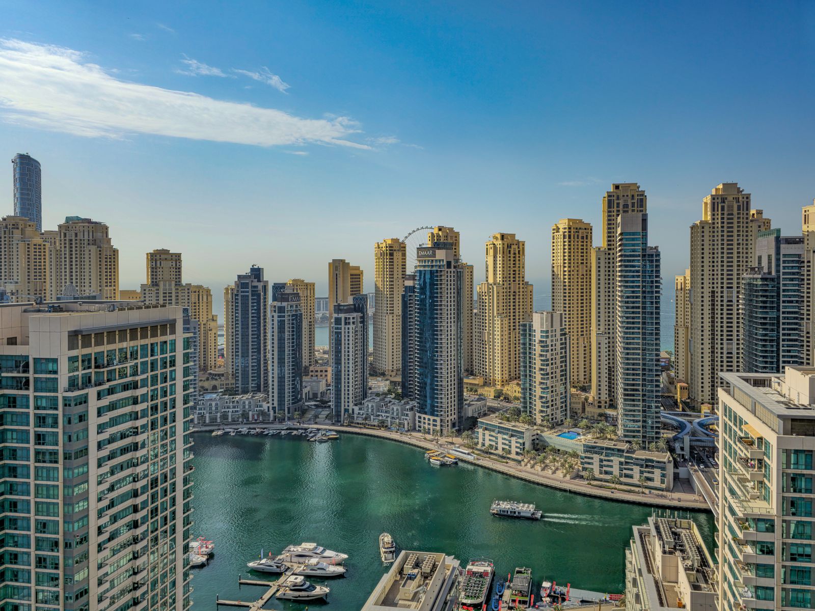 Aerial view of Dubai Marina at dusk